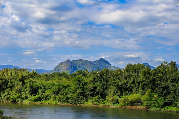 Green mountains and beautiful blue sky clouds