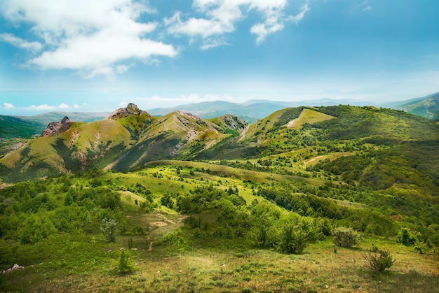 Green mountains covered with forest on the blue sky background