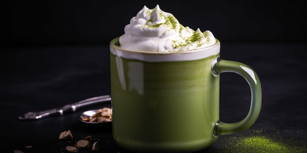 A green mug of hot chocolate with a spoon on a black table.