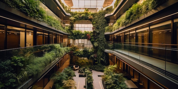 Green nature friendly office interior Lots of plants grow in the spacious hall Generative AI