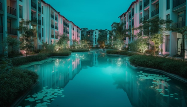 Green nature reflects in modern apartment pool perfect for relaxation generated by artificial intelligence