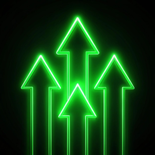 Photo green neon arrows on black background pointing upward