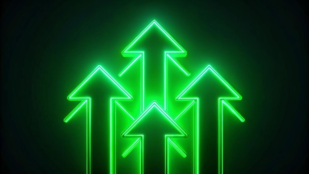 Photo green neon arrows on black background pointing upward