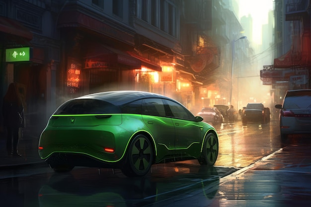 Green neon electric car Generate Ai