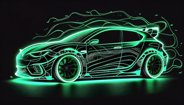 Green neon shining in the dark electric car traveling at high speed concept Rapid evolution Generative AI