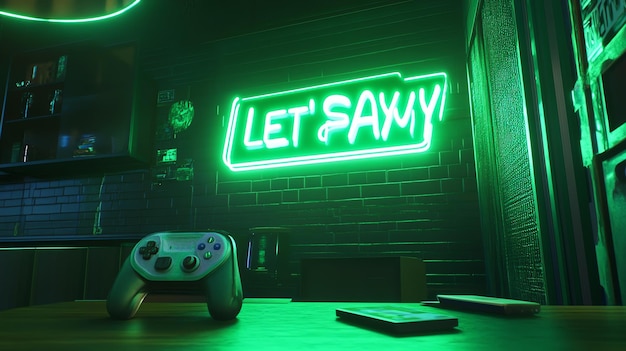 Photo a green neon sign that says lets play in a dark room