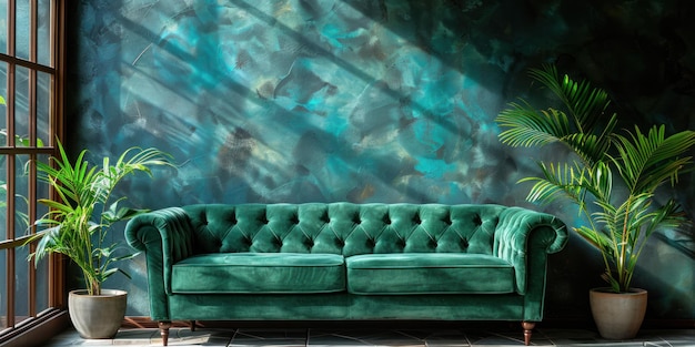 Green Oasis A Vibrant Couch Sits Beside the Window in a Modern Living Room