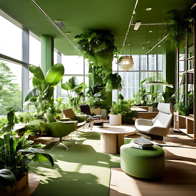 Photo green office design with plants and natural light