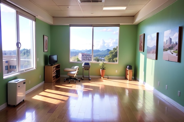 A green office with a window that says " home office " on the top.