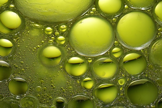 Green oil drops on water surface Abstract background with green bubbles