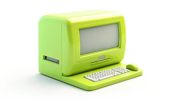 A green old fashioned computer monitor with a keyboard on the top.