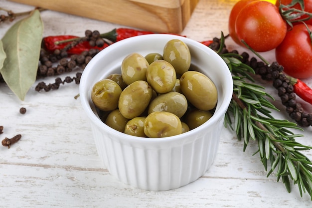 Green olives in the bowl