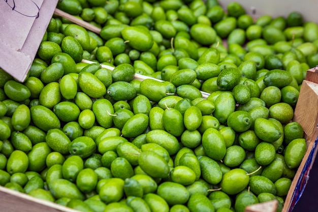 Green olives at the market in Catania. Italy.