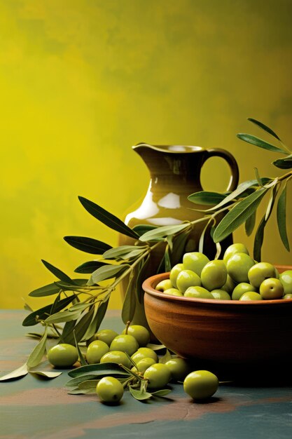 Green olives and olive branch with water drops on a green background