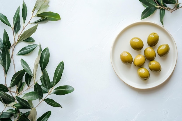 Photo green olives on plate with leaves with copy space