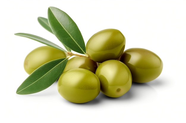 Green olives on white background created with generative AI