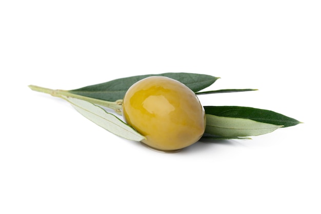 Green olives with leaves isolated on white background