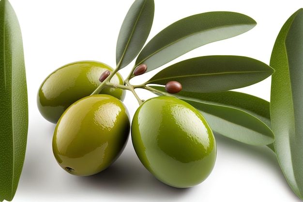 Green olives with leaves that are delicious isolated on a white background