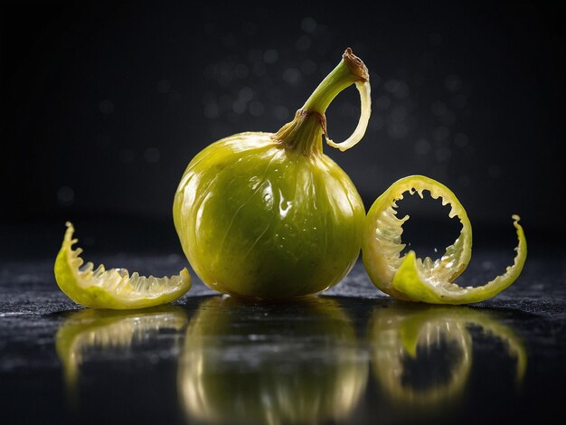 Photo a green onion with a half of a half peeled onion on a black background