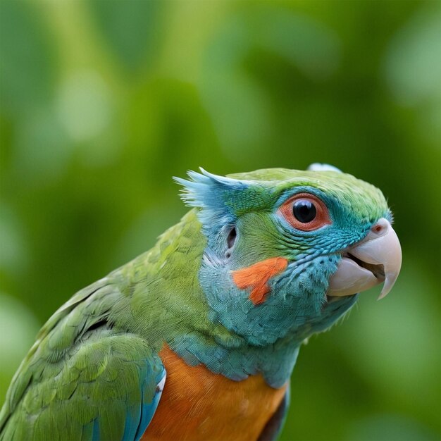 Photo a green and orange bird with a red eye and a blue beak