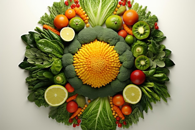 Green and orange colored vegetables and fruits in circular composition on white background