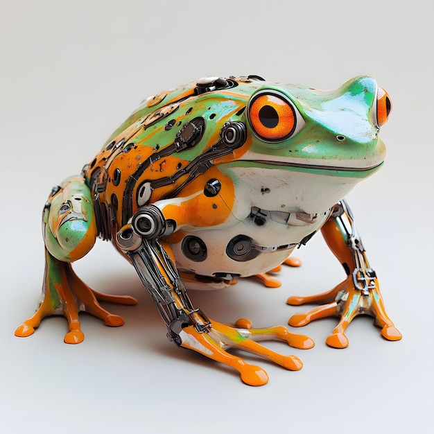 a green and orange frog with orange eyes and a black and orange face