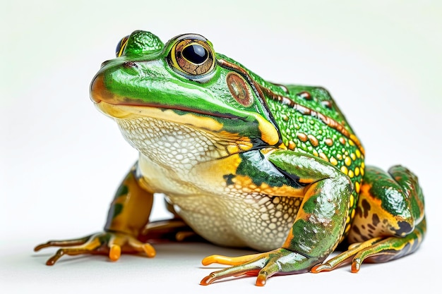 Green and orange frog with yellow eyes sits on white surface