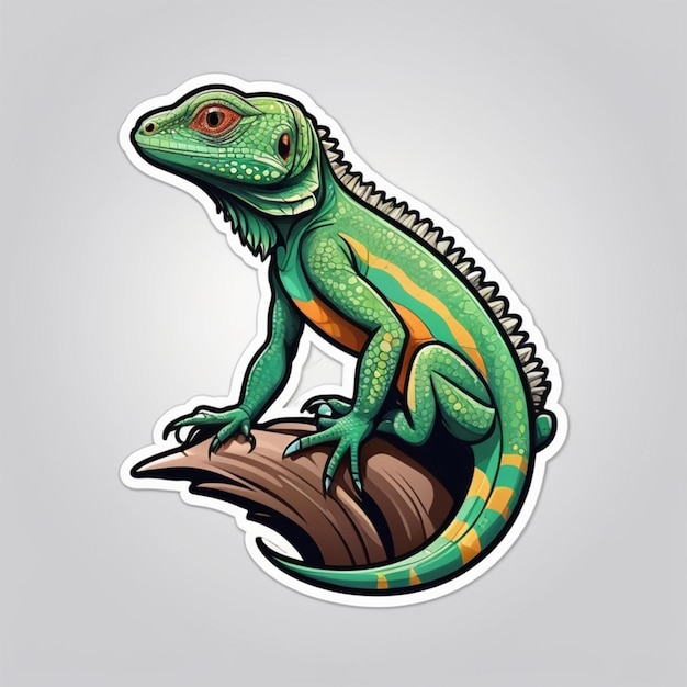 a green and orange lizard with the word iguana on it