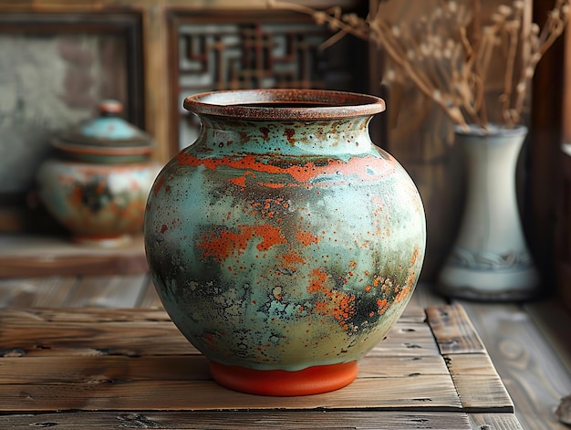 a green and orange vase with a red and blue design on the bottom