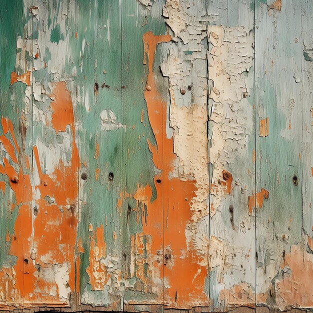 a green and orange wall with a number of peeling paint