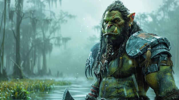 Photo green orc standing in a foggy swamp forest