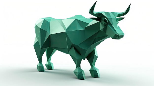 Green Origami style bull on white background3D art style with Generative AI Technology