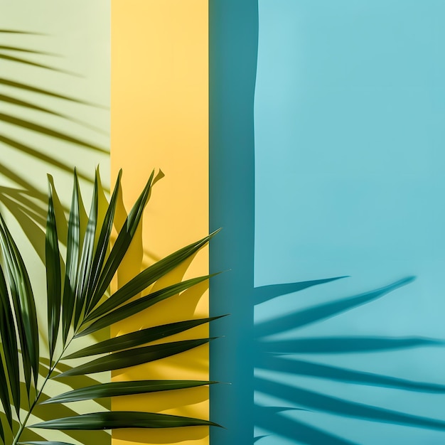 Photo green palm leaf on yellow and blue background