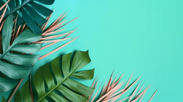 Green palm leaves on a blue background