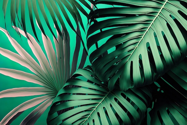 Green palm leaves up close on a mint green background