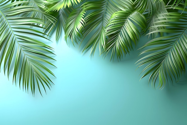 Green Palm Tree Leaves on Blue Background Generative AI