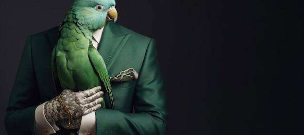 Green parrot in hands of person in fashion costume Generative AI