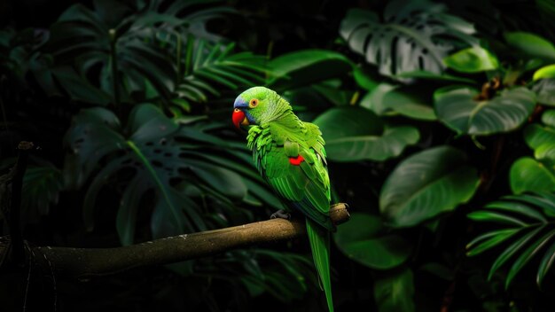 Photo green parrot perched on branch in tropical jungle