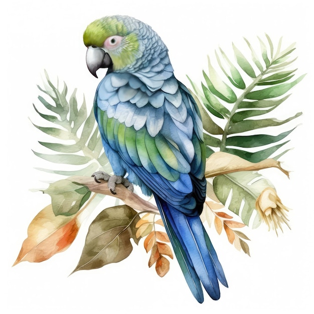 A green parrot sits on a branch with leaves