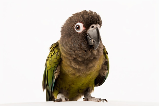 A green parrot sits on a white surface