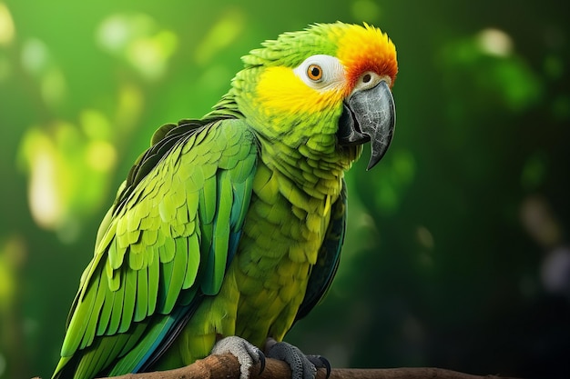 green parrot sitting on a branch with a bright green background Ai photo