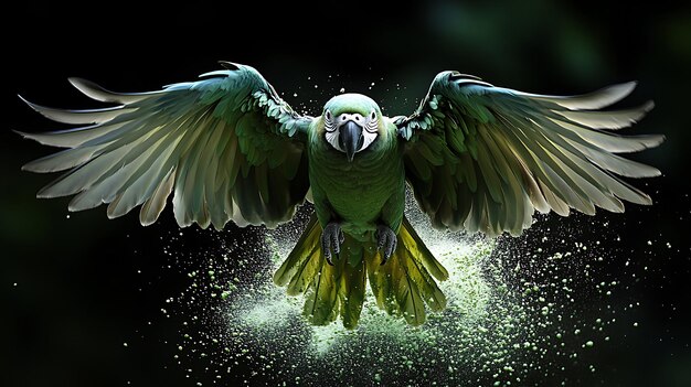 Photo a green parrot with its wings spread in midflight creating a spray of green dust