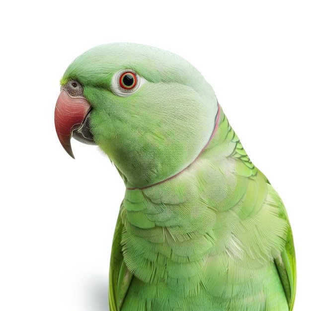 Photo a green parrot with a red beak looking to the left isolated on a white background