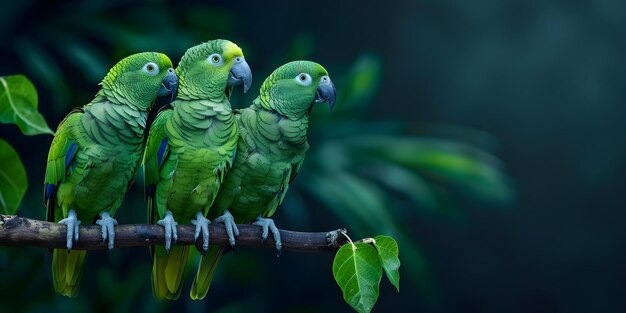 Photo green parrots on a branch with dark background and leaves concept nature photography wildlife portraits bird watching tropical greenery exotic bird species