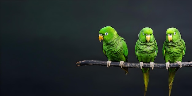 Photo green parrots perched on branch with dark background and a few leaves concept wildlife photography colorful birds nature scenes tropical wildlife birdwatching