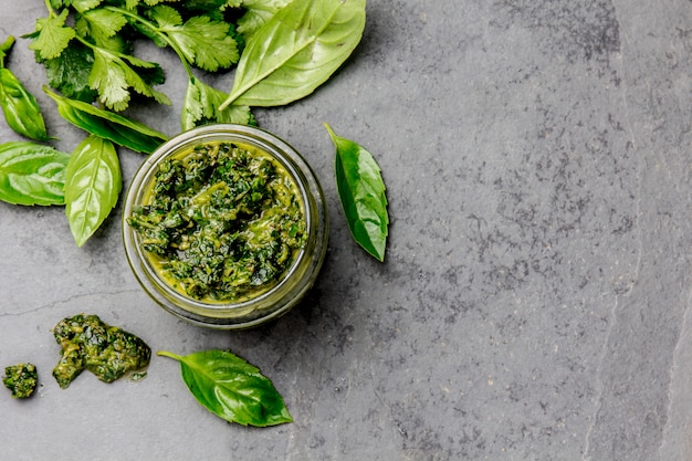 green parsley and basil sauce chimichurri for barbecue