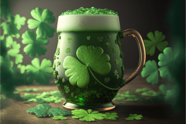 Green Patrick's day beer with many shamrock on a black background Generative AI