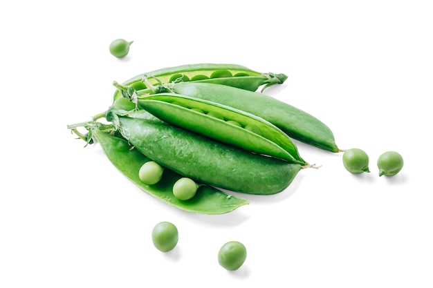 Green pea pods isolated on white background