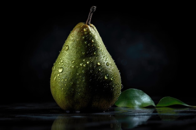 Green Pear Metallic Drops On Black Background Generative AI