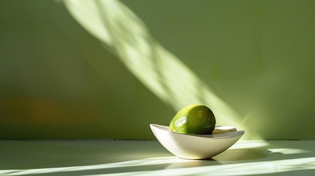 Photo a green pear in a white bowl on a green table the pear is in the center of the image and the bowl is slightly offcenter